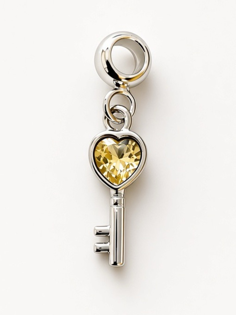 Silver Key Crystal Heart Dangle Charm - Pandora Style